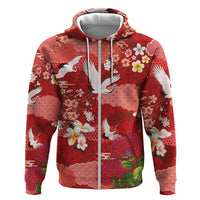 Hawaiian and Japanese Culture Together Hoodie Red Ohia Lehua Plumeria and Sakura Blooming - Polynesian Pride