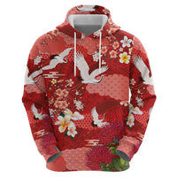 Hawaiian and Japanese Culture Together Hoodie Red Ohia Lehua Plumeria and Sakura Blooming - Polynesian Pride