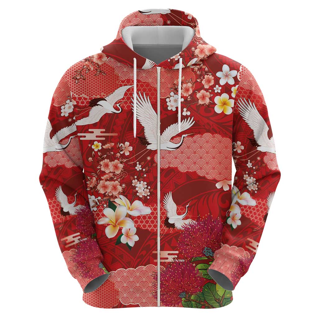 Hawaiian and Japanese Culture Together Hoodie Red Ohia Lehua Plumeria and Sakura Blooming - Polynesian Pride