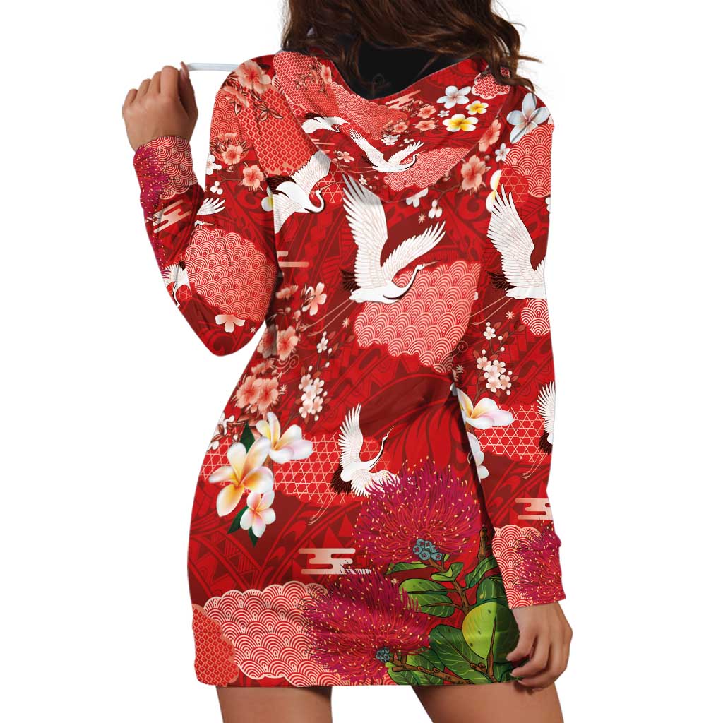 Hawaiian and Japanese Culture Together Hoodie Dress Red Ohia Lehua Plumeria and Sakura Blooming - Polynesian Pride