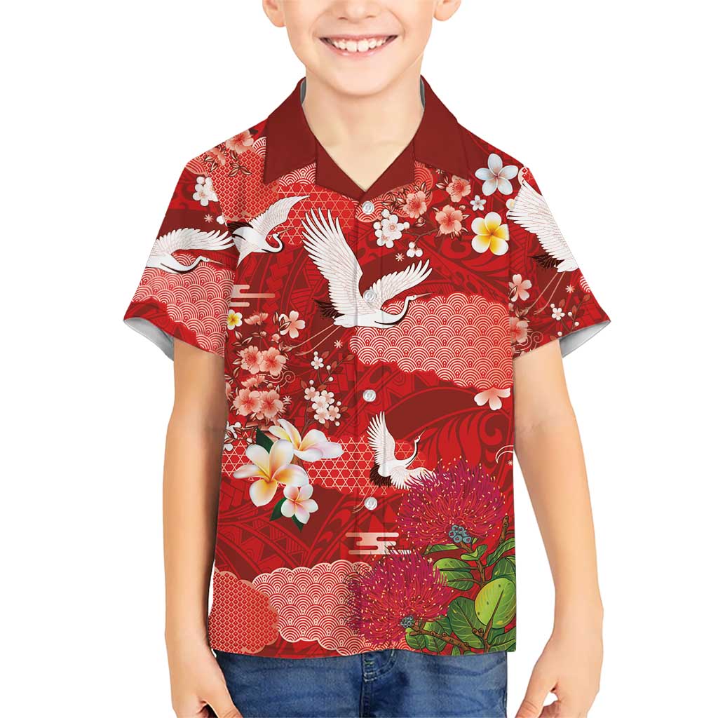 Hawaiian and Japanese Culture Together Kid Hawaiian Shirt Red Ohia Lehua Plumeria and Sakura Blooming - Polynesian Pride
