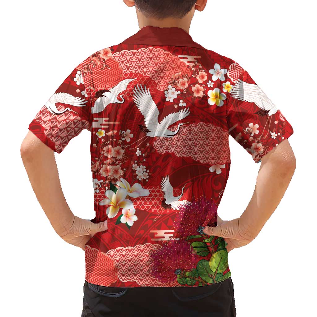 Hawaiian and Japanese Culture Together Kid Hawaiian Shirt Red Ohia Lehua Plumeria and Sakura Blooming - Polynesian Pride
