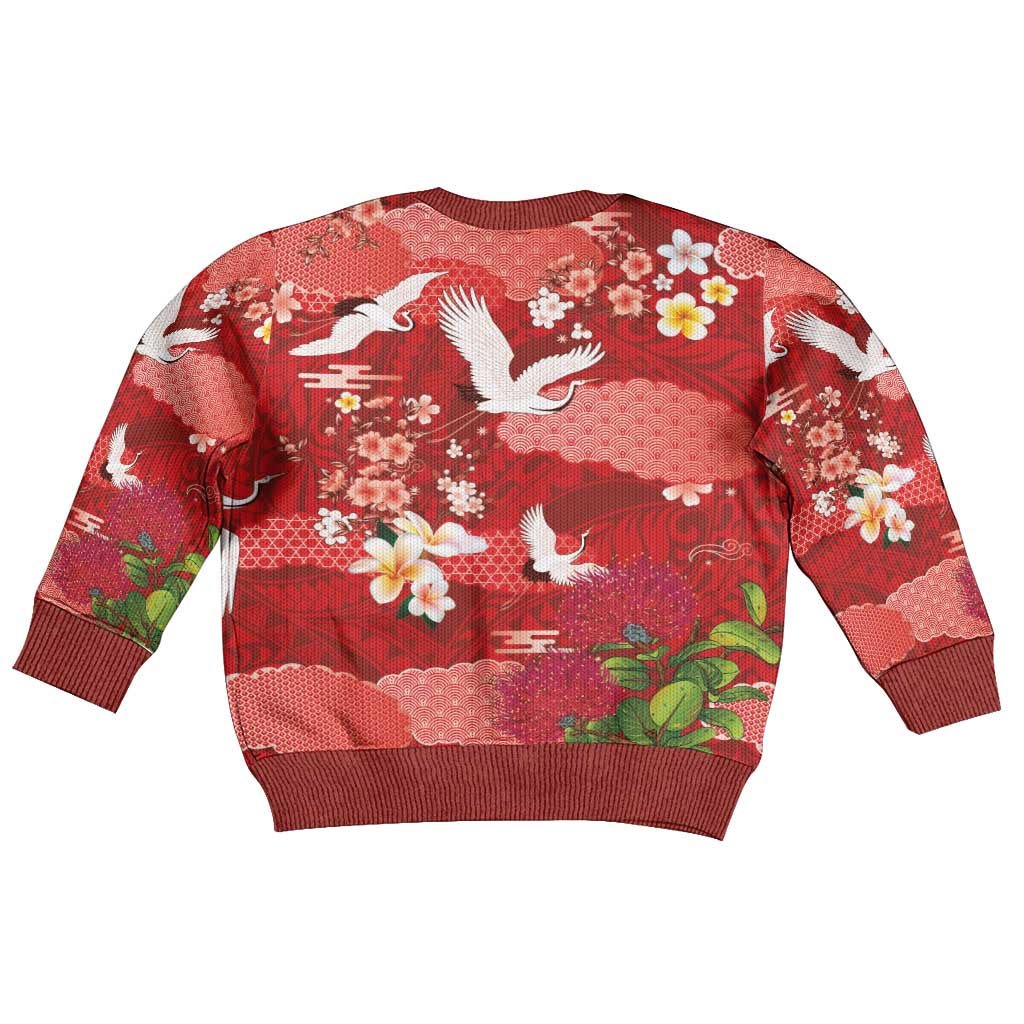 Hawaiian and Japanese Culture Together Kid Ugly Christmas Sweater Red Ohia Lehua Plumeria and Sakura Blooming - Polynesian Pride