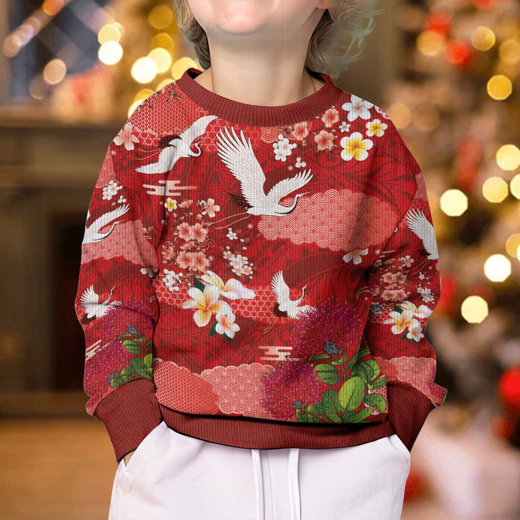 Hawaiian and Japanese Culture Together Kid Ugly Christmas Sweater Red Ohia Lehua Plumeria and Sakura Blooming - Polynesian Pride