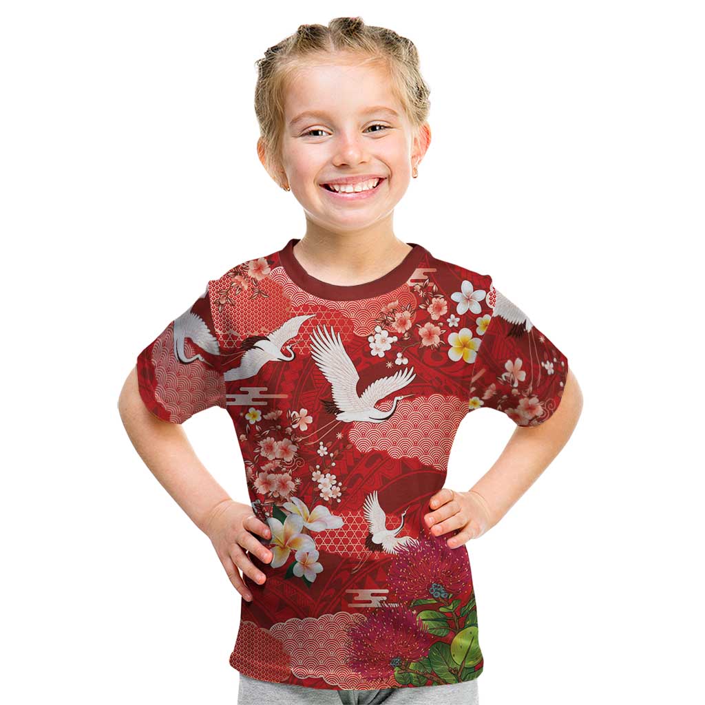 Hawaiian and Japanese Culture Together Kid T Shirt Red Ohia Lehua Plumeria and Sakura Blooming - Polynesian Pride