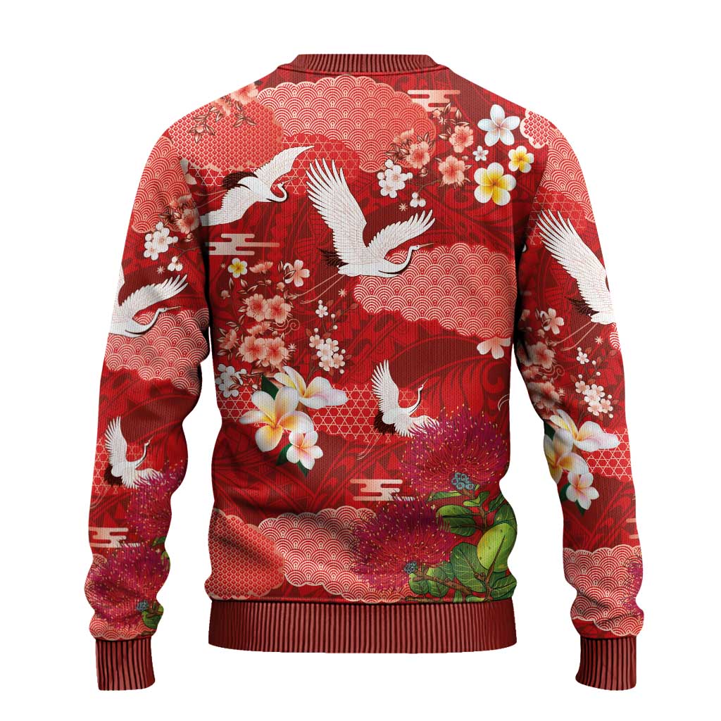 Hawaiian and Japanese Culture Together Ugly Christmas Sweater Red Ohia Lehua Plumeria and Sakura Blooming - Polynesian Pride