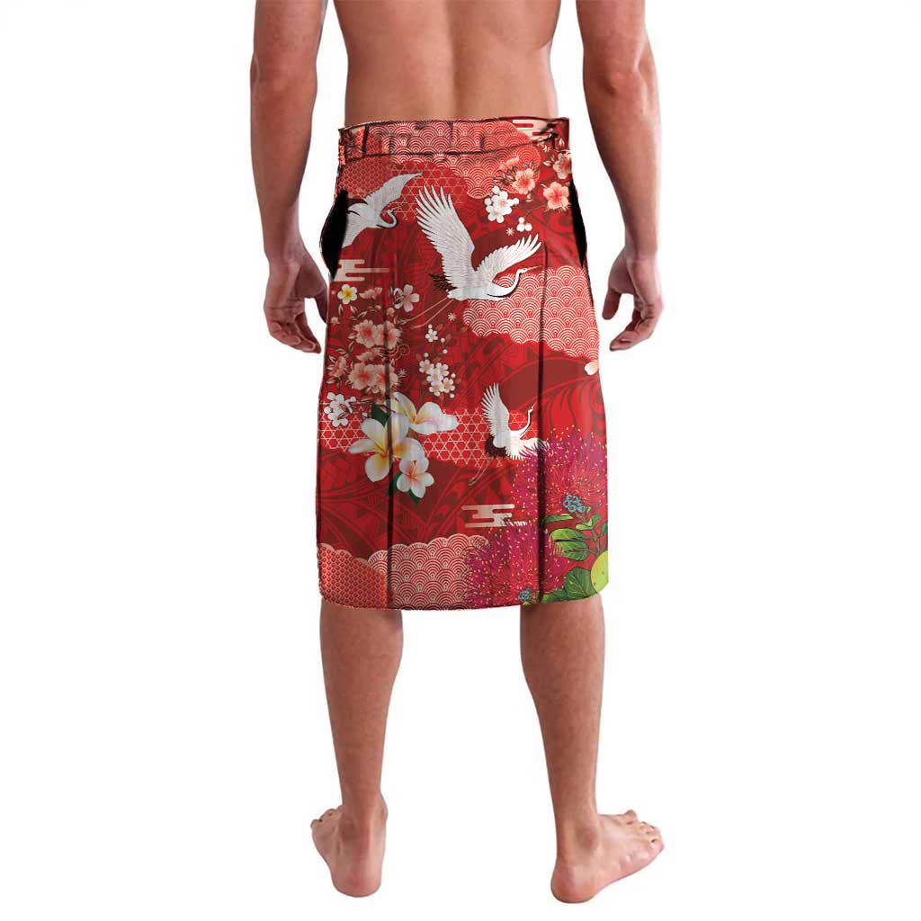 Hawaiian and Japanese Culture Together Lavalava Red Ohia Lehua Plumeria and Sakura Blooming - Polynesian Pride