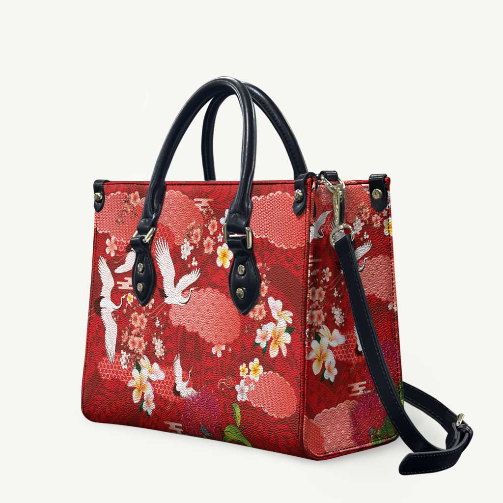 Hawaiian and Japanese Culture Together Leather Bag Red Ohia Lehua Plumeria and Sakura Blooming - Polynesian Pride