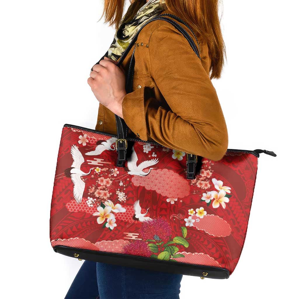 Hawaiian and Japanese Culture Together Leather Tote Bag Red Ohia Lehua Plumeria and Sakura Blooming - Polynesian Pride
