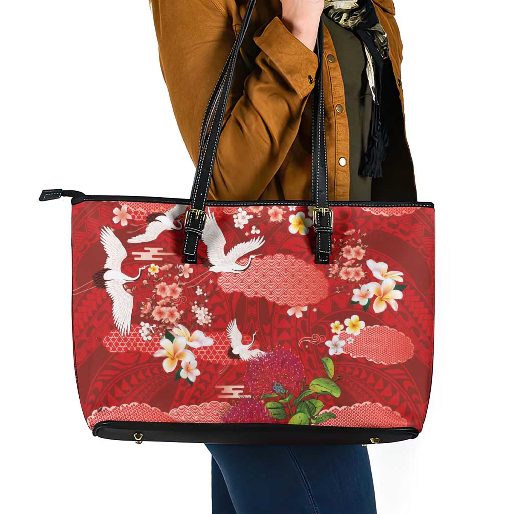 Hawaiian and Japanese Culture Together Leather Tote Bag Red Ohia Lehua Plumeria and Sakura Blooming - Polynesian Pride
