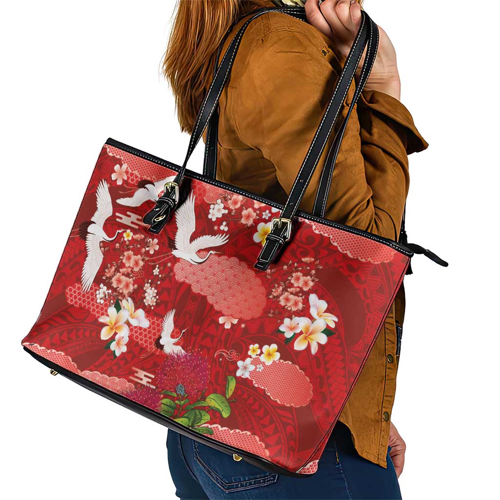 Hawaiian and Japanese Culture Together Leather Tote Bag Red Ohia Lehua Plumeria and Sakura Blooming - Polynesian Pride