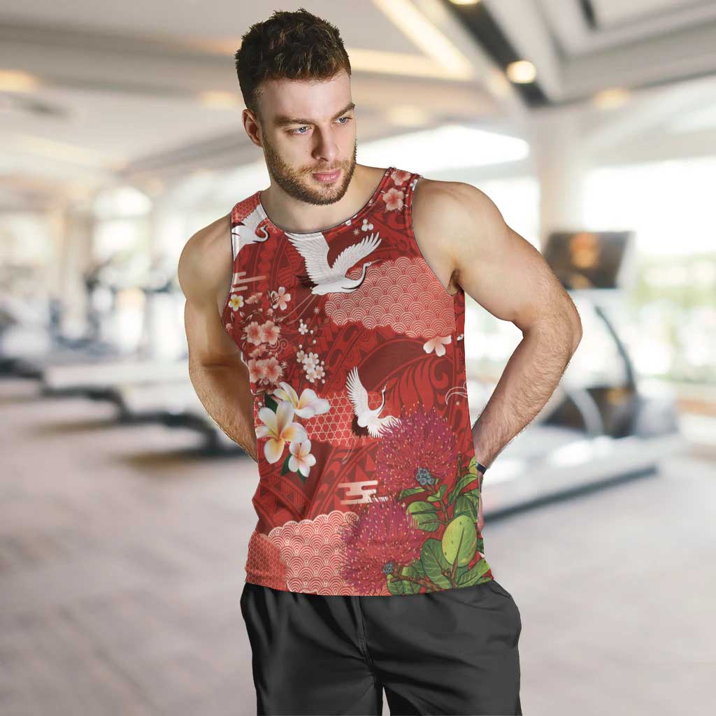Hawaiian and Japanese Culture Together Men Tank Top Red Ohia Lehua Plumeria and Sakura Blooming LT03 Red - Polynesian Pride