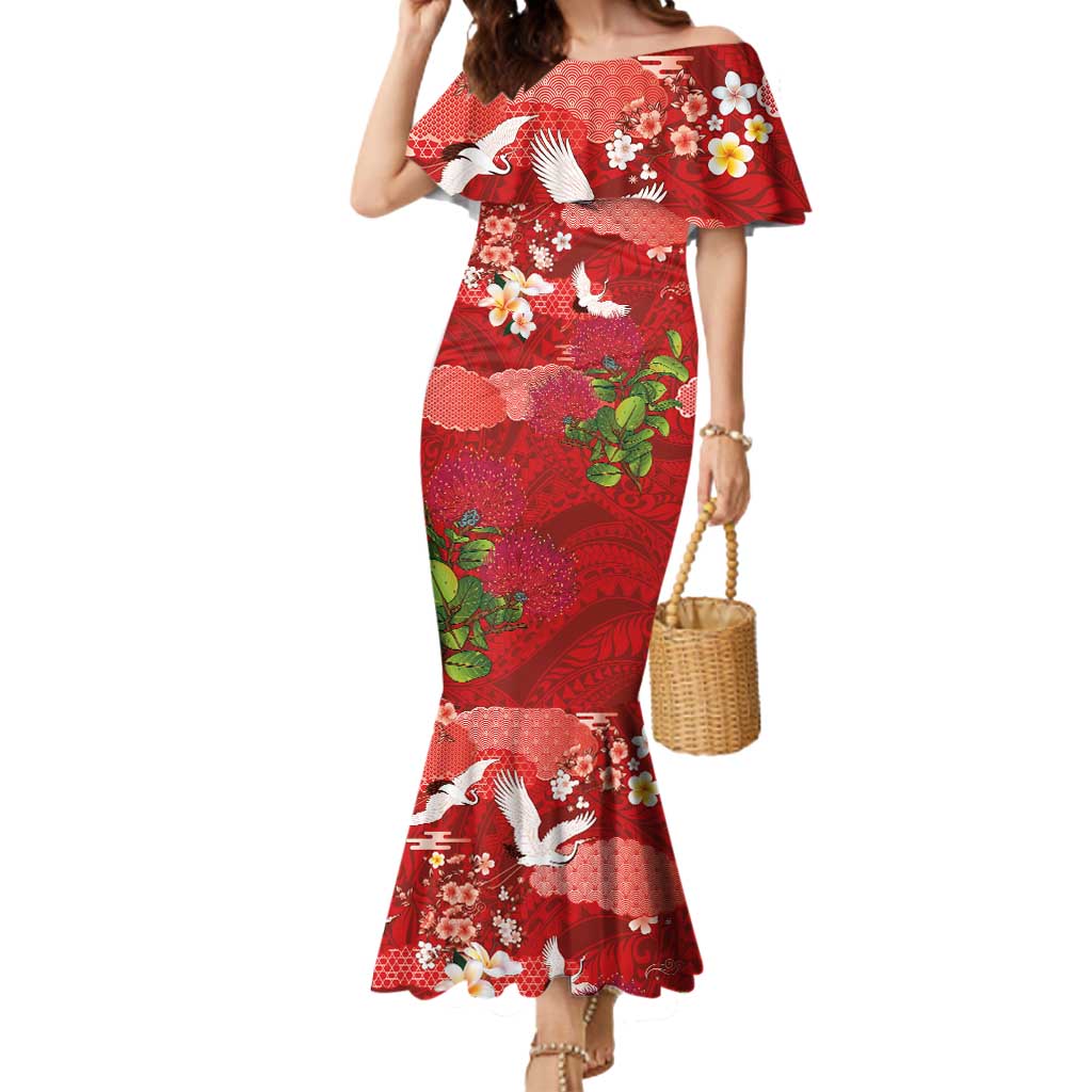 Hawaiian and Japanese Culture Together Mermaid Dress Red Ohia Lehua Plumeria and Sakura Blooming - Polynesian Pride