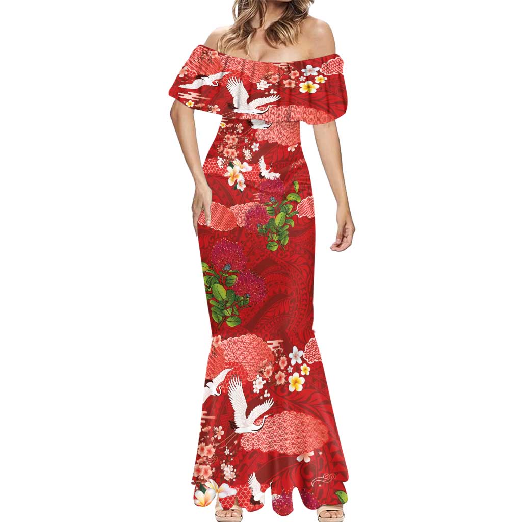 Hawaiian and Japanese Culture Together Mermaid Dress Red Ohia Lehua Plumeria and Sakura Blooming - Polynesian Pride