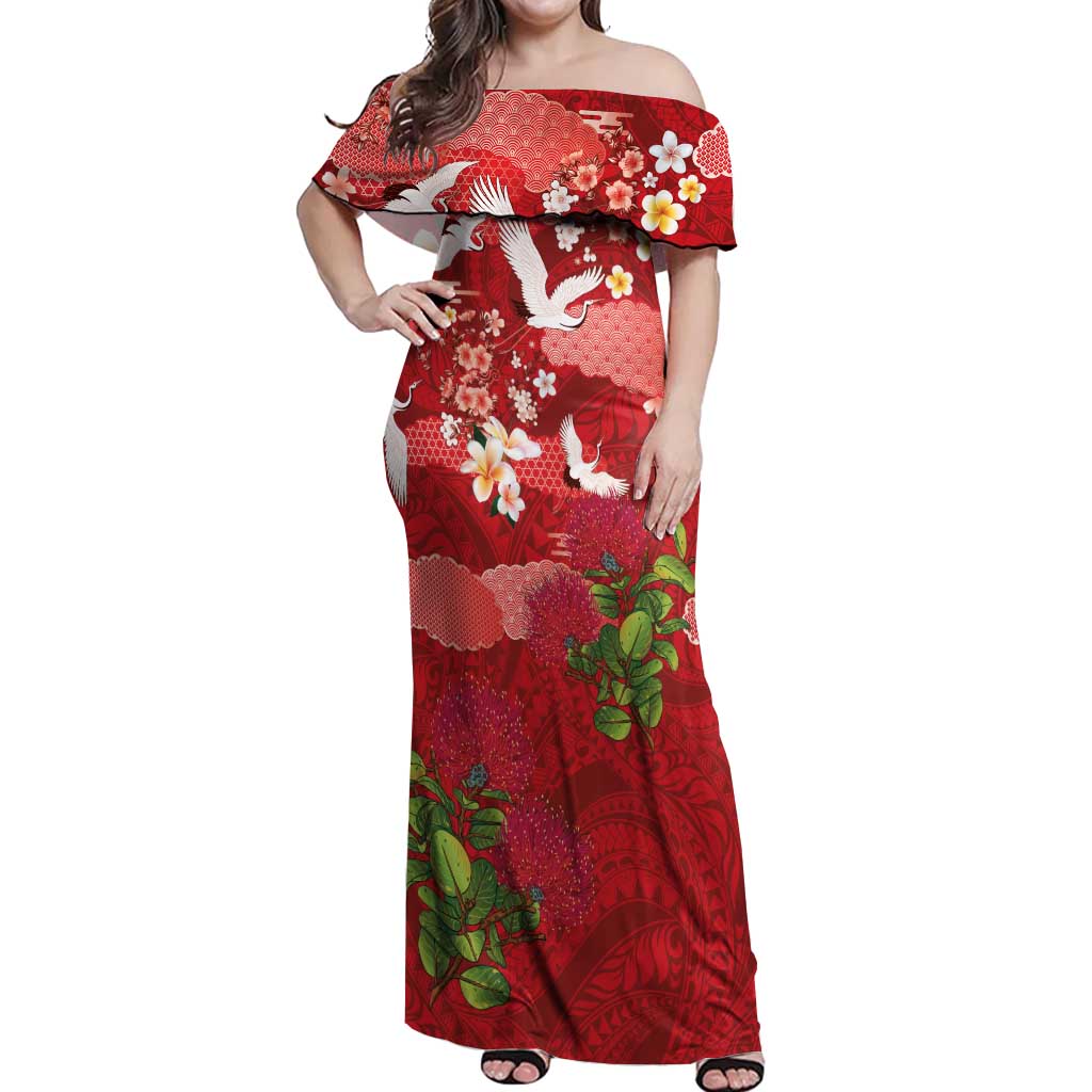 Hawaiian and Japanese Culture Together Off Shoulder Maxi Dress Red Ohia Lehua Plumeria and Sakura Blooming - Polynesian Pride