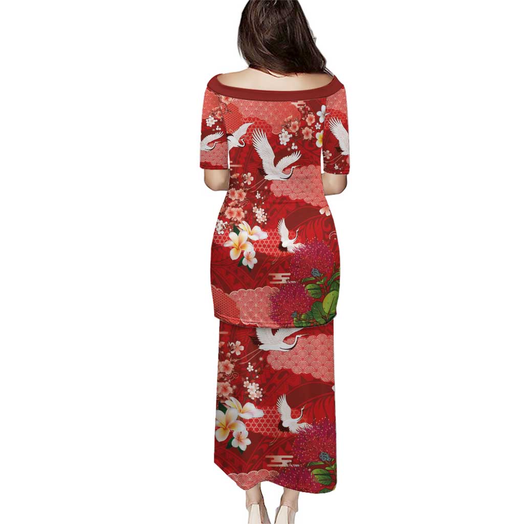 Hawaiian and Japanese Culture Together Puletasi Red Ohia Lehua Plumeria and Sakura Blooming - Polynesian Pride