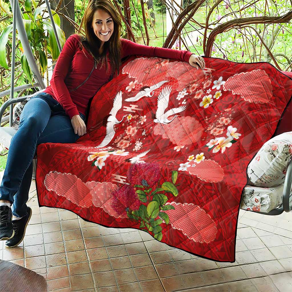 Hawaiian and Japanese Culture Together Quilt Red Ohia Lehua Plumeria and Sakura Blooming - Polynesian Pride