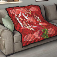Hawaiian and Japanese Culture Together Quilt Red Ohia Lehua Plumeria and Sakura Blooming - Polynesian Pride
