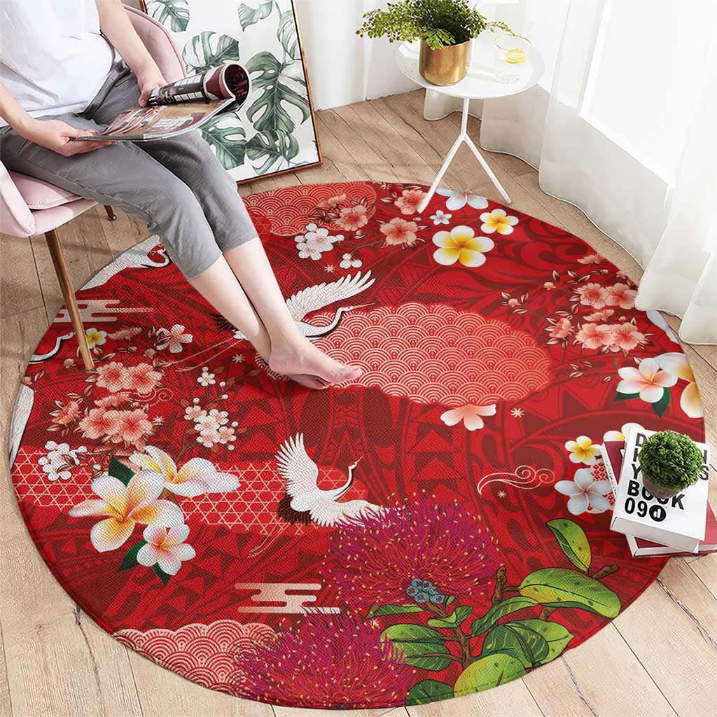 Hawaiian and Japanese Culture Together Round Carpet Red Ohia Lehua Plumeria and Sakura Blooming - Polynesian Pride