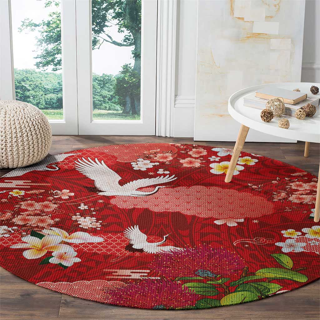 Hawaiian and Japanese Culture Together Round Carpet Red Ohia Lehua Plumeria and Sakura Blooming - Polynesian Pride