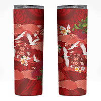 Hawaiian and Japanese Culture Together Skinny Tumbler Red Ohia Lehua Plumeria and Sakura Blooming - Polynesian Pride