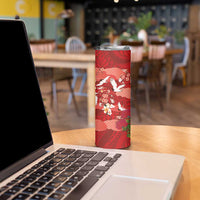 Hawaiian and Japanese Culture Together Skinny Tumbler Red Ohia Lehua Plumeria and Sakura Blooming - Polynesian Pride