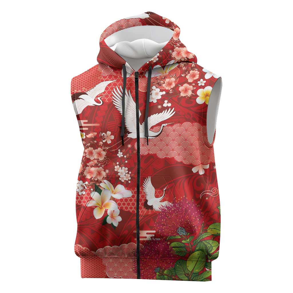 Hawaiian and Japanese Culture Together Sleeveless Zip Hoodie Red Ohia Lehua Plumeria and Sakura Blooming LT03 Red - Polynesian Pride