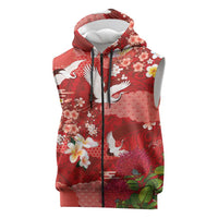 Hawaiian and Japanese Culture Together Sleeveless Zip Hoodie Red Ohia Lehua Plumeria and Sakura Blooming - Polynesian Pride