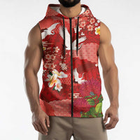 Hawaiian and Japanese Culture Together Sleeveless Zip Hoodie Red Ohia Lehua Plumeria and Sakura Blooming - Polynesian Pride