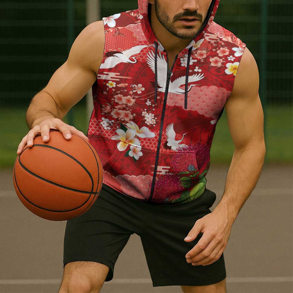 Hawaiian and Japanese Culture Together Sleeveless Zip Hoodie Red Ohia Lehua Plumeria and Sakura Blooming - Polynesian Pride