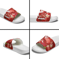 Hawaiian and Japanese Culture Together Slide Sandals Red Ohia Lehua Plumeria and Sakura Blooming - Polynesian Pride