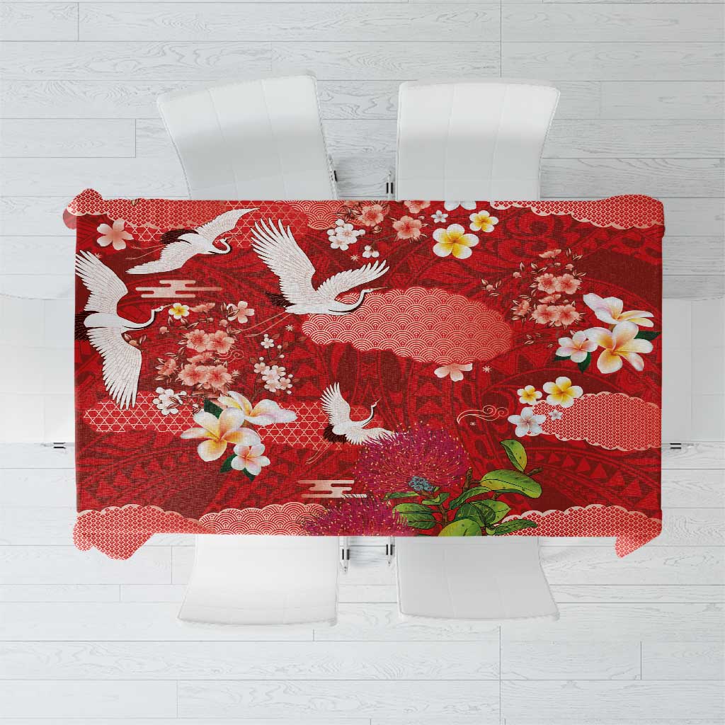 Hawaiian and Japanese Culture Together Tablecloth Red Ohia Lehua Plumeria and Sakura Blooming LT03 Red - Polynesian Pride