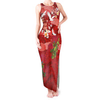 Hawaiian and Japanese Culture Together Tank Maxi Dress Red Ohia Lehua Plumeria and Sakura Blooming - Polynesian Pride