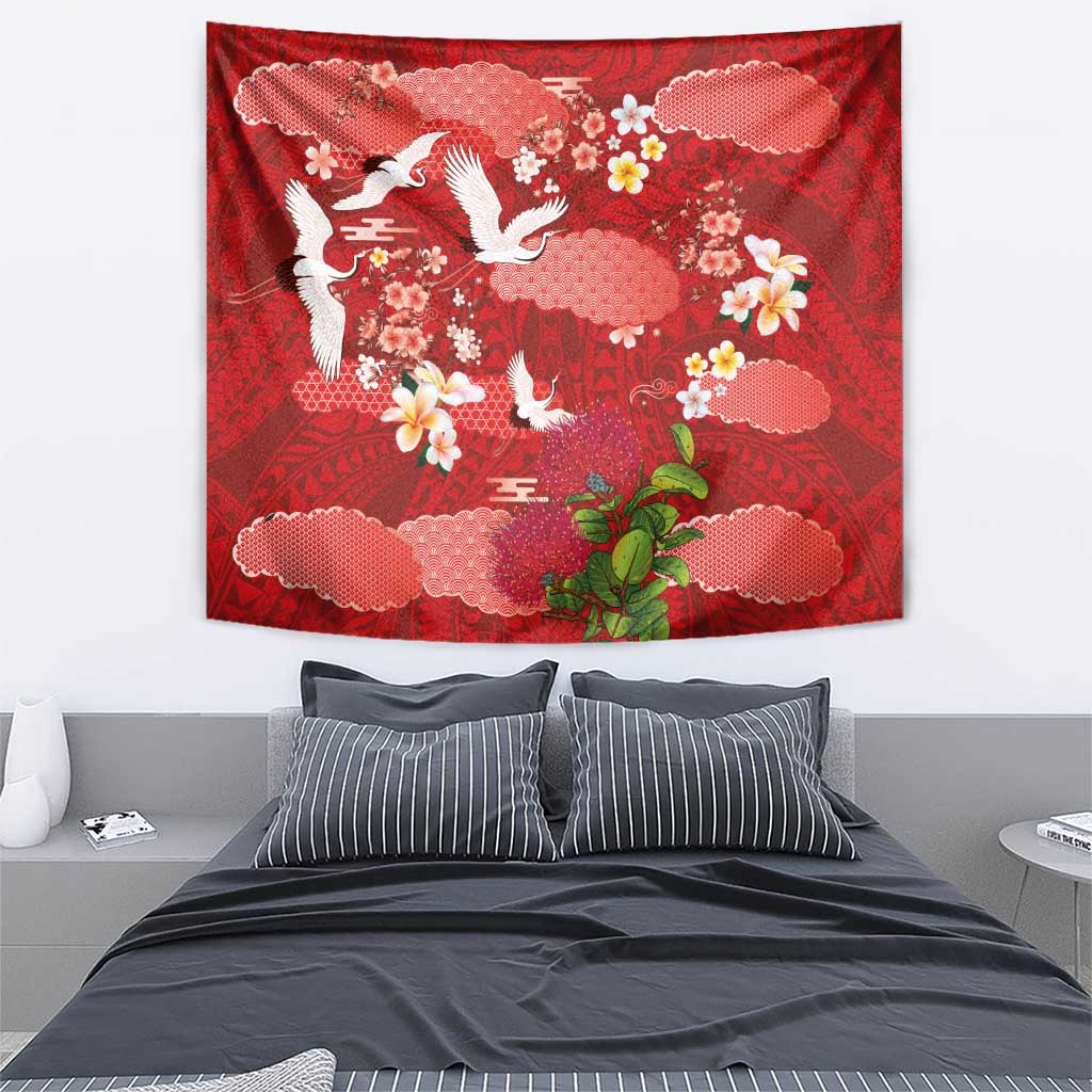 Hawaiian and Japanese Culture Together Tapestry Red Ohia Lehua Plumeria and Sakura Blooming - Polynesian Pride