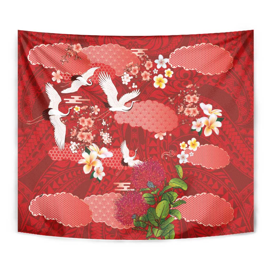 Hawaiian and Japanese Culture Together Tapestry Red Ohia Lehua Plumeria and Sakura Blooming - Polynesian Pride