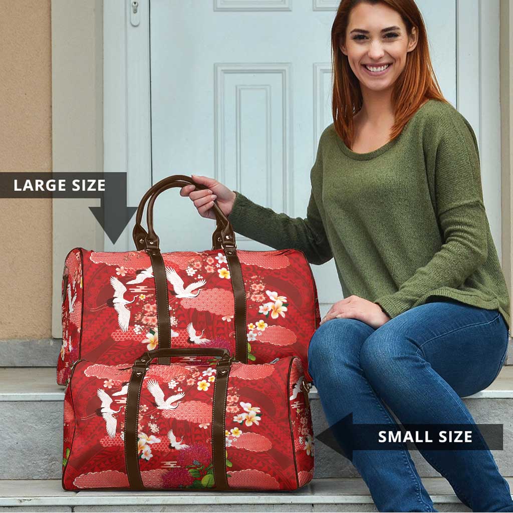 Hawaiian and Japanese Culture Together Travel Bag Red Ohia Lehua Plumeria and Sakura Blooming - Polynesian Pride