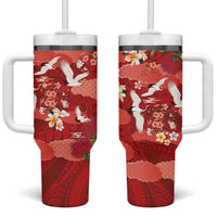 Hawaiian and Japanese Culture Together Tumbler With Handle Red Ohia Lehua Plumeria and Sakura Blooming - Polynesian Pride
