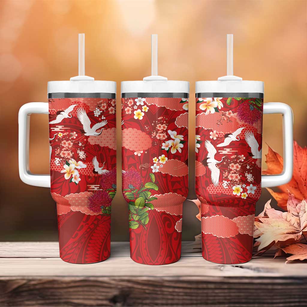 Hawaiian and Japanese Culture Together Tumbler With Handle Red Ohia Lehua Plumeria and Sakura Blooming - Polynesian Pride