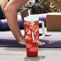 Hawaiian and Japanese Culture Together Tumbler With Handle Red Ohia Lehua Plumeria and Sakura Blooming - Polynesian Pride