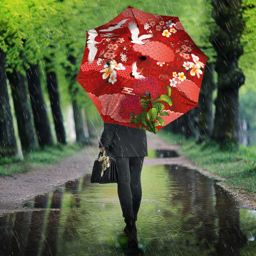 Hawaiian and Japanese Culture Together Umbrella Red Ohia Lehua Plumeria and Sakura Blooming - Polynesian Pride