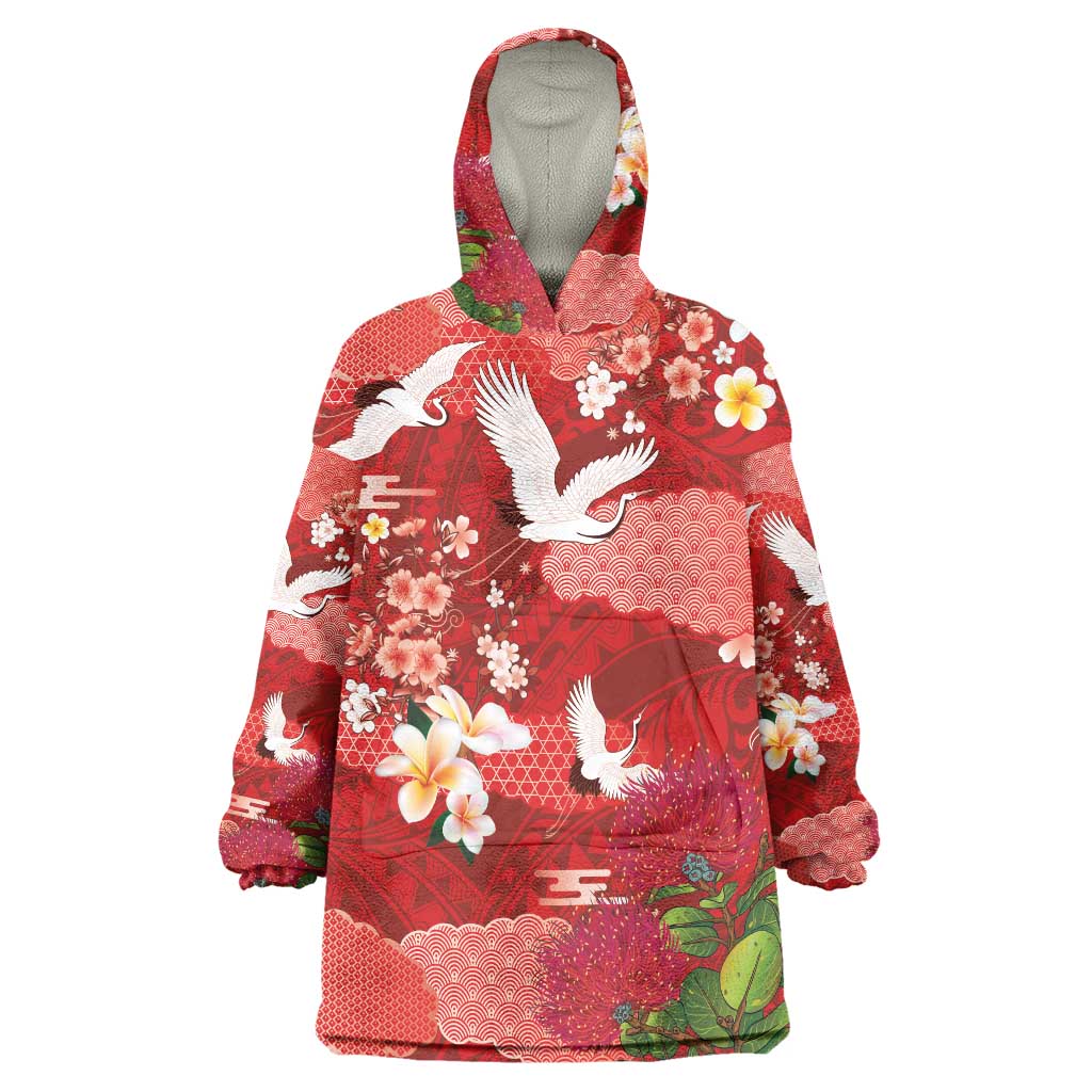 Hawaiian and Japanese Culture Together Wearable Blanket Hoodie Red Ohia Lehua Plumeria and Sakura Blooming - Polynesian Pride
