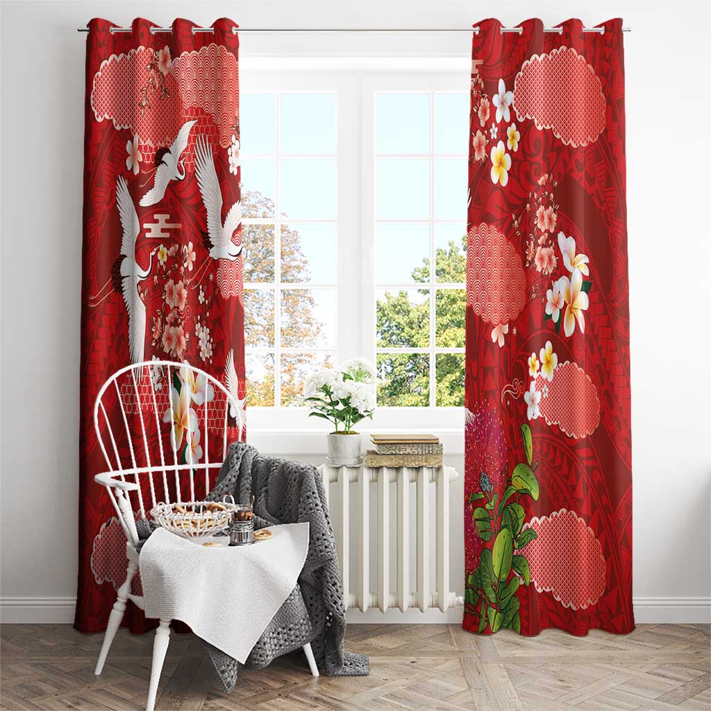 Hawaiian and Japanese Culture Together Window Curtain Red Ohia Lehua Plumeria and Sakura Blooming - Polynesian Pride
