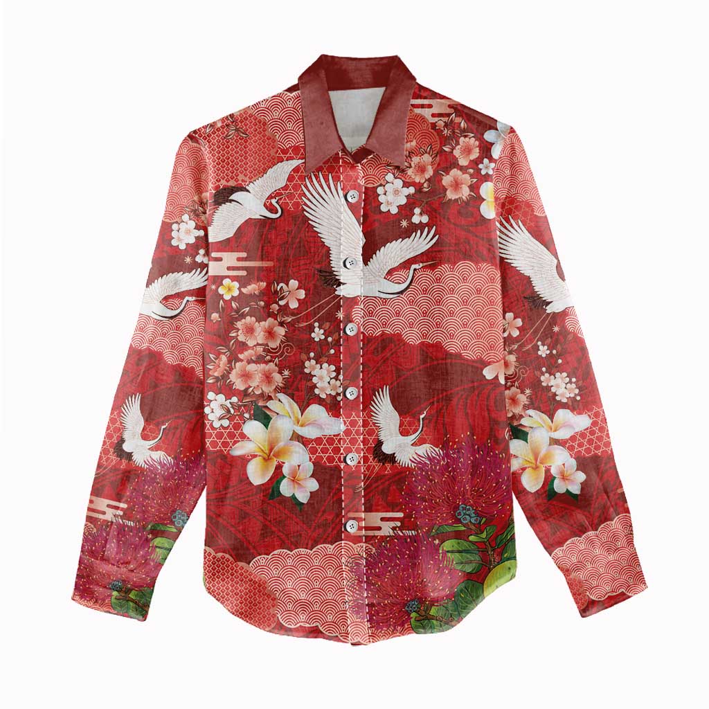 Hawaiian and Japanese Culture Together Women Casual Shirt Red Ohia Lehua Plumeria and Sakura Blooming - Polynesian Pride