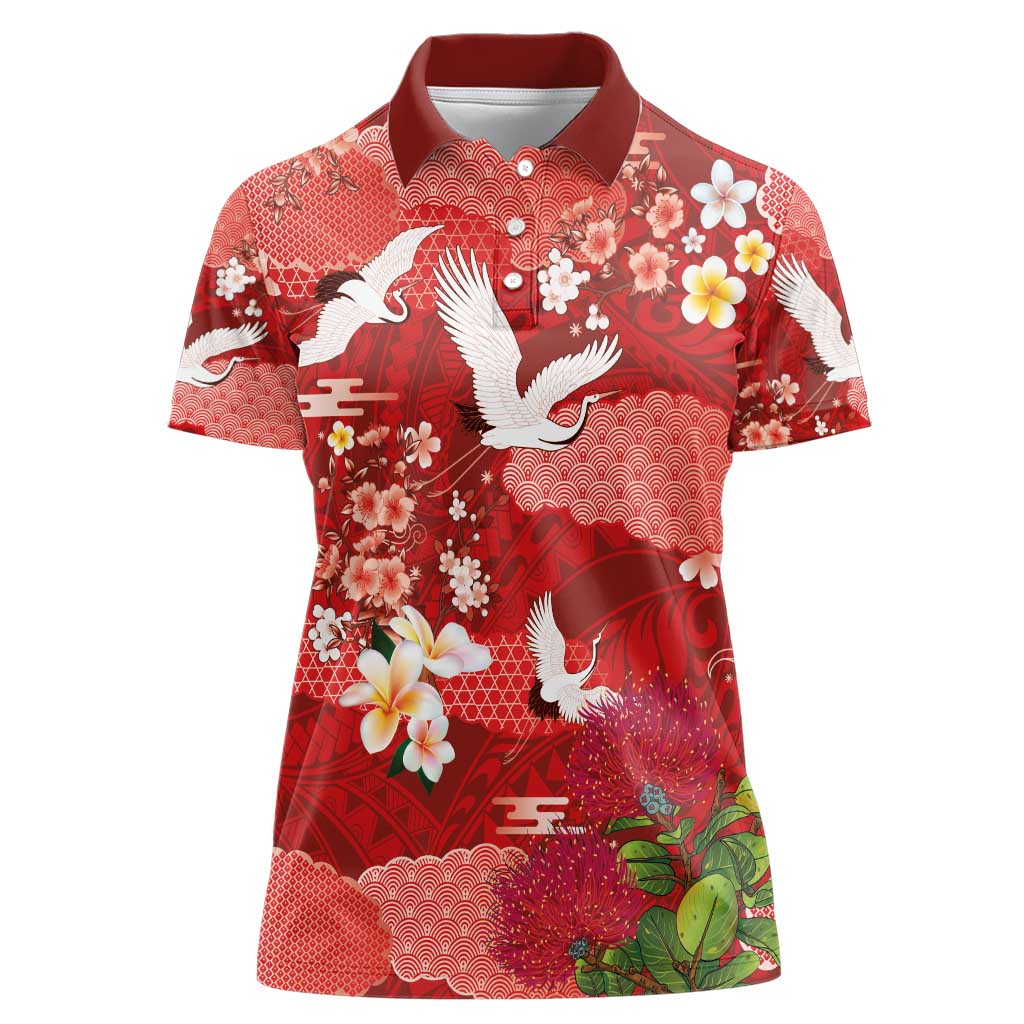 Hawaiian and Japanese Culture Together Women Polo Shirt Red Ohia Lehua Plumeria and Sakura Blooming - Polynesian Pride