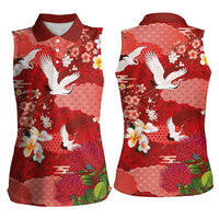 Hawaiian and Japanese Culture Together Women Sleeveless Polo Shirt Red Ohia Lehua Plumeria and Sakura Blooming - Polynesian Pride