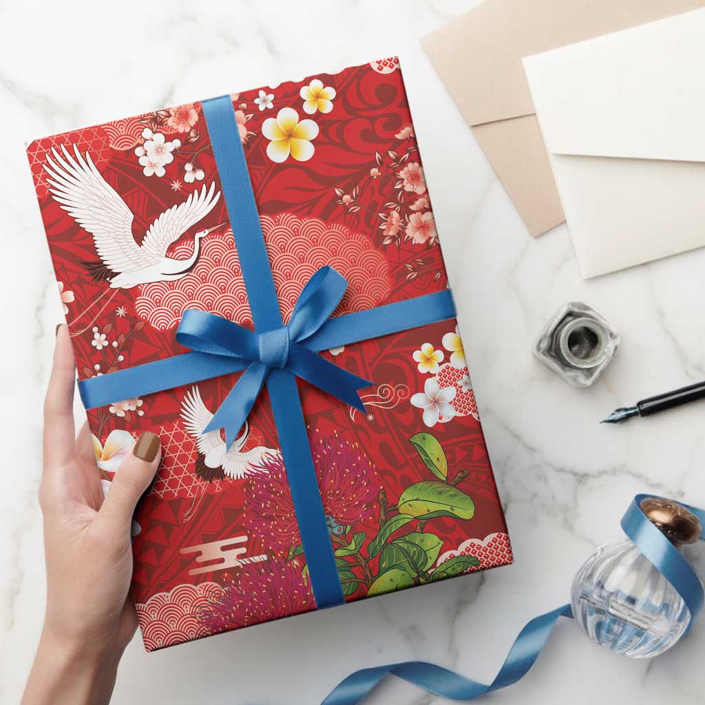 Hawaiian and Japanese Culture Together Wrapping Paper Red Ohia Lehua Plumeria and Sakura Blooming - Polynesian Pride