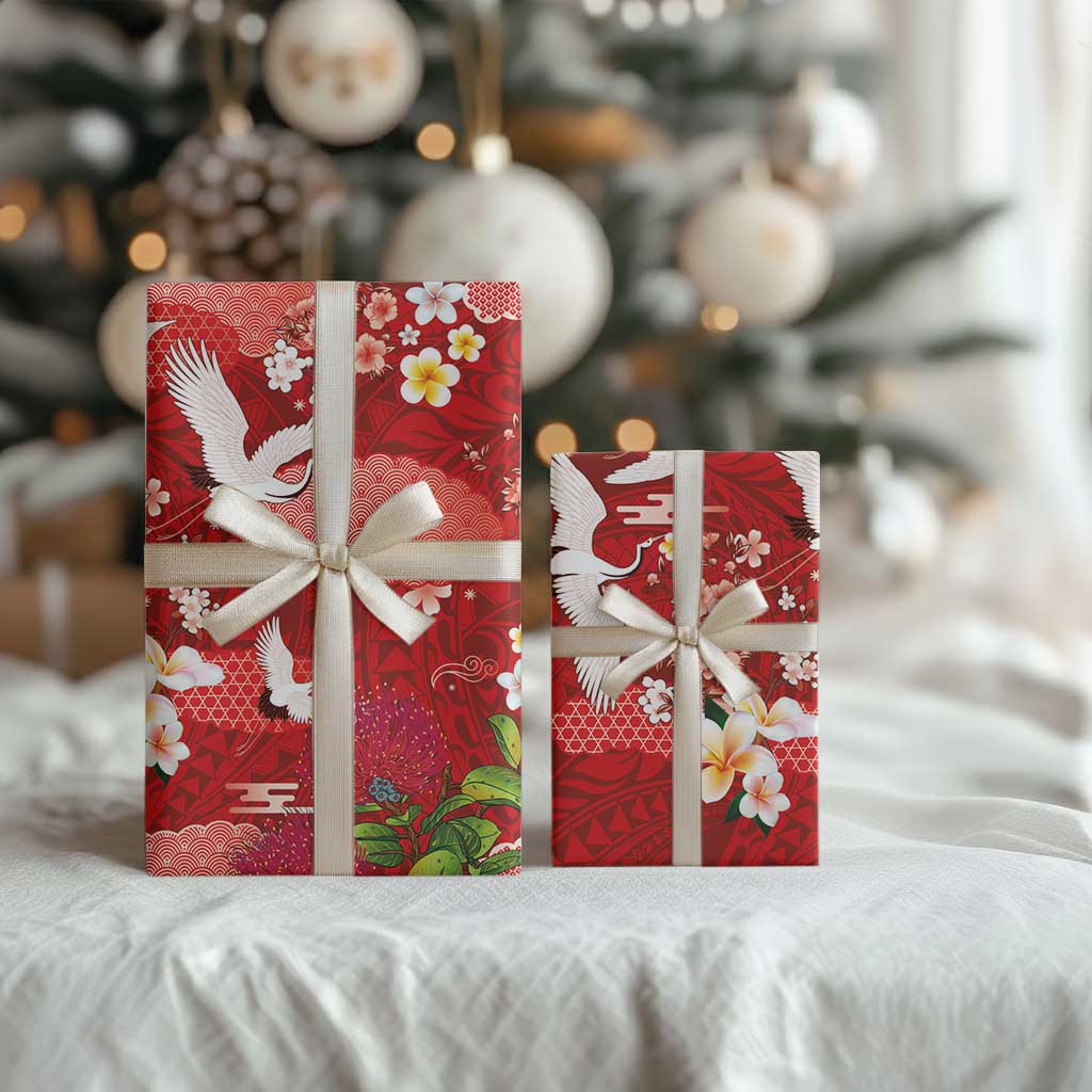 Hawaiian and Japanese Culture Together Wrapping Paper Red Ohia Lehua Plumeria and Sakura Blooming - Polynesian Pride