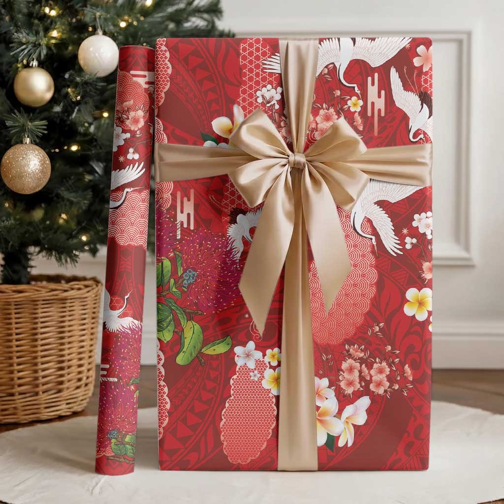 Hawaiian and Japanese Culture Together Wrapping Paper Red Ohia Lehua Plumeria and Sakura Blooming - Polynesian Pride