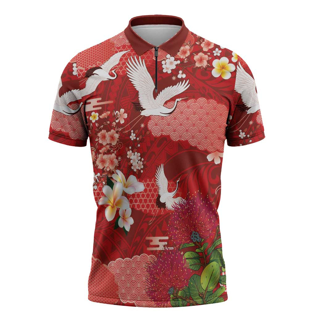 Hawaiian and Japanese Culture Together Zipper Polo Shirt Red Ohia Lehua Plumeria and Sakura Blooming - Polynesian Pride