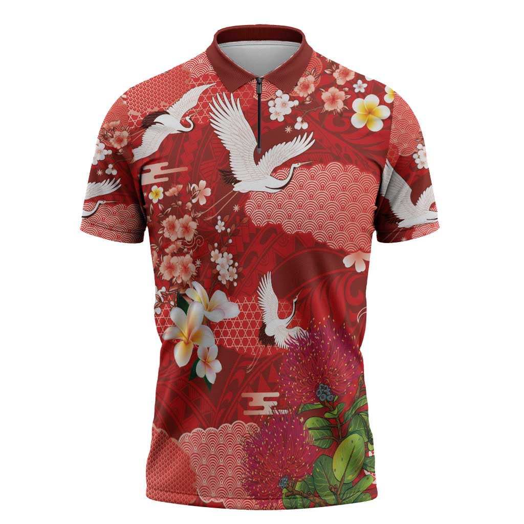 Hawaiian and Japanese Culture Together Zipper Polo Shirt Red Ohia Lehua Plumeria and Sakura Blooming - Polynesian Pride